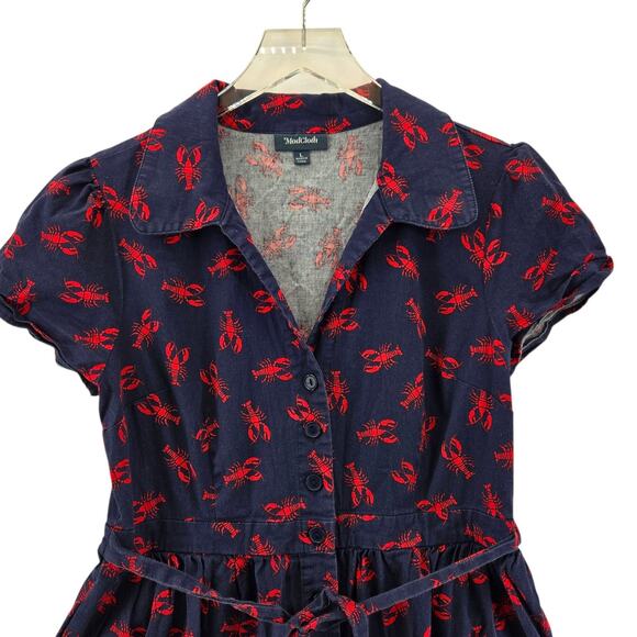 Modcloth Mini Shirt Dress Womens Large Medium Lobsters Navy Blue Red Coastal - Picture 4 of 9